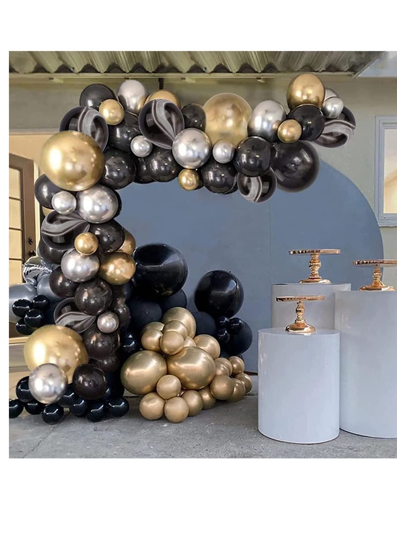 بامير طقم قوس بالون ذهبي وأسود وفضي 109 قطعة مع مضخة، مجموعة قوس بالون بالون العقيق الفضي والأسود والذهبي لأعياد الميلاد وحفلات الزفاف والهالوين والعام الجديد ورأس السنة الجديدة وديكورات حفلات التخرج. - Image 1
