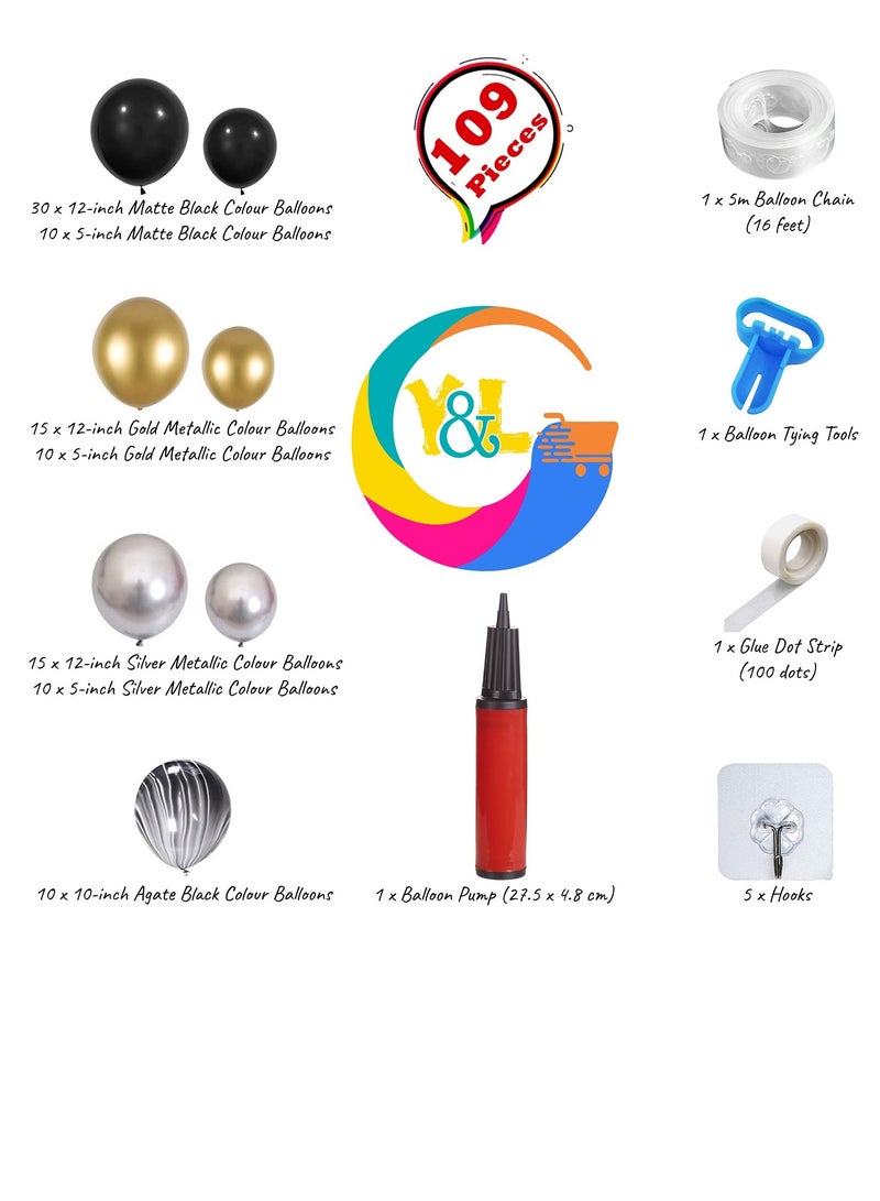 بامير طقم قوس بالون ذهبي وأسود وفضي 109 قطعة مع مضخة، مجموعة قوس بالون بالون العقيق الفضي والأسود والذهبي لأعياد الميلاد وحفلات الزفاف والهالوين والعام الجديد ورأس السنة الجديدة وديكورات حفلات التخرج. - Image 2