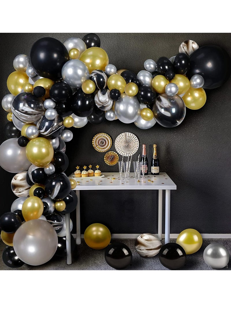 بامير طقم قوس بالون ذهبي وأسود وفضي 109 قطعة مع مضخة، مجموعة قوس بالون بالون العقيق الفضي والأسود والذهبي لأعياد الميلاد وحفلات الزفاف والهالوين والعام الجديد ورأس السنة الجديدة وديكورات حفلات التخرج. - Image 4