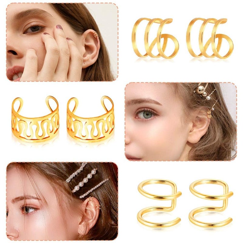 Roctee 18 Pairs Ear Cuff, Roctee 6 Styles Cartilage Clip On Earrings Set Stainless Steel Ear Clip Fake Cartilage Earring Non Piercing Helix Cartilage Ear Clip Earring Ring for Women (Gold/Silver/Rose) - Image 4