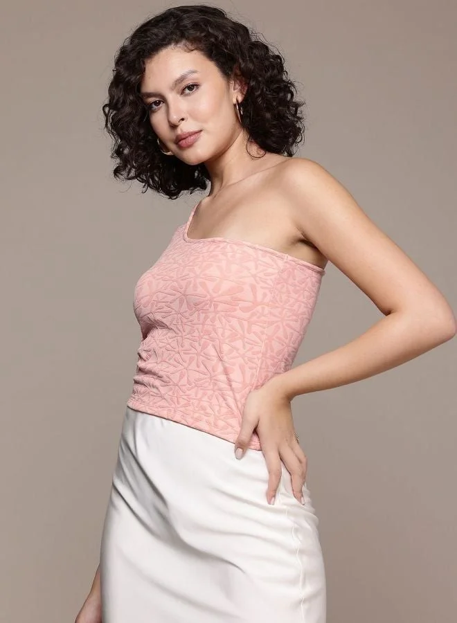 Freehand Women Regular Fit Textured Asymmetric Neck Sleeveless One Shoulder Top