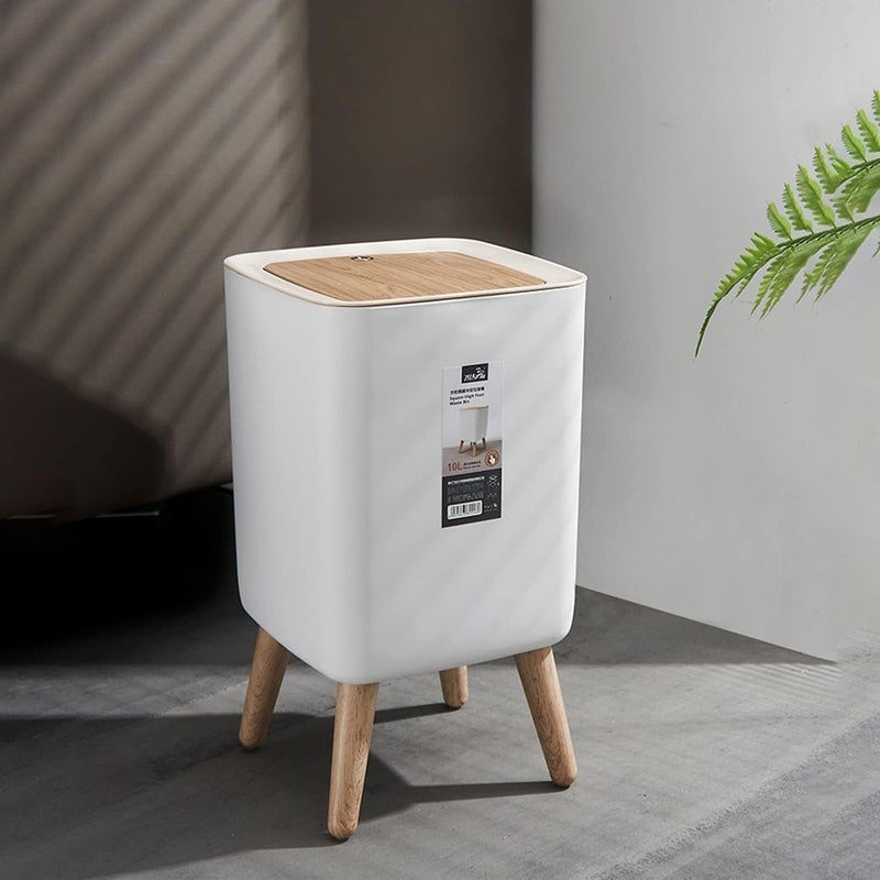 JUVIW Waste Basket Home Creative with Lids Press Living Room Bathroom Kitchen Nordic Style Ins HighFoot Imitation Wood Grain Trash Can Garbage Can 10 L - Image 1