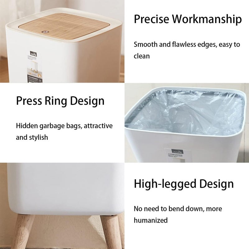 JUVIW Waste Basket Home Creative with Lids Press Living Room Bathroom Kitchen Nordic Style Ins HighFoot Imitation Wood Grain Trash Can Garbage Can 10 L - Image 3