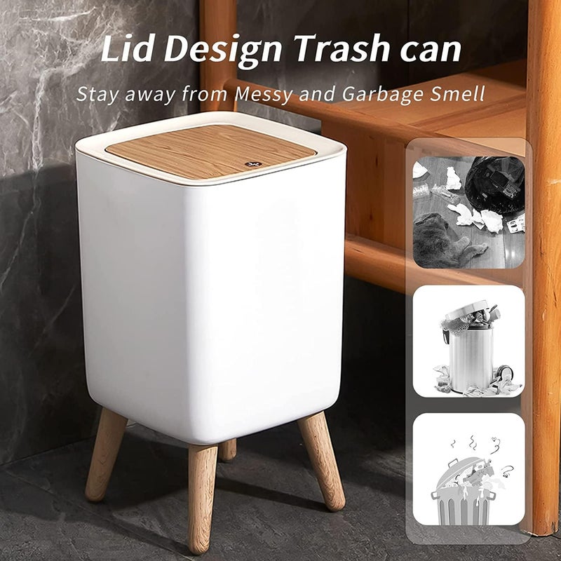 JUVIW Waste Basket Home Creative with Lids Press Living Room Bathroom Kitchen Nordic Style Ins HighFoot Imitation Wood Grain Trash Can Garbage Can 10 L - Image 2