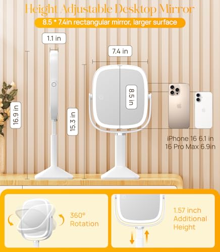 Gospire Rectangle Lighted Makeup Mirror with Lights and 1X/7X Magnifying Mirror, Height Adjustable and 4000mAh Rechargeable for Bedroom, 8.5”x7.4” Large Surface, Stepless Dimming - White - Image 2
