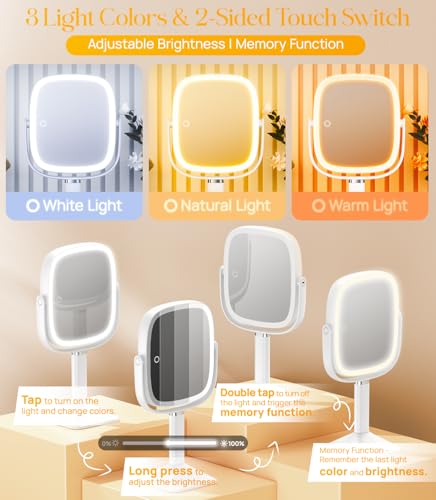 Gospire Rectangle Lighted Makeup Mirror with Lights and 1X/7X Magnifying Mirror, Height Adjustable and 4000mAh Rechargeable for Bedroom, 8.5”x7.4” Large Surface, Stepless Dimming - White - Image 4