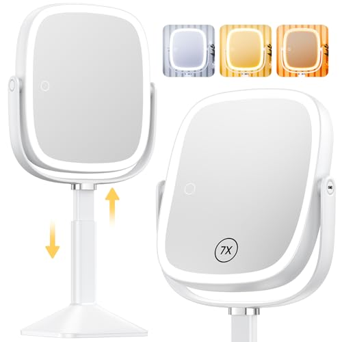 Gospire Rectangle Lighted Makeup Mirror with Lights and 1X/7X Magnifying Mirror, Height Adjustable and 4000mAh Rechargeable for Bedroom, 8.5”x7.4” Large Surface, Stepless Dimming - White - Image 1