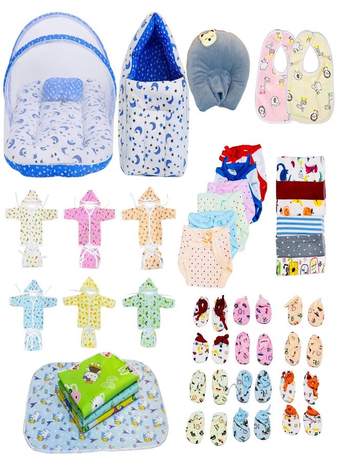 Infantbond by Fareto 52in1 Newborn Baby Essential Combo Set | Baby Bedding Set with Net, Hooded Rompers, Mittens, Booties, Nappies & More | Ideal Gift for Newborn Boys & Girls(0-6M) (Blue Moon) - Image 1