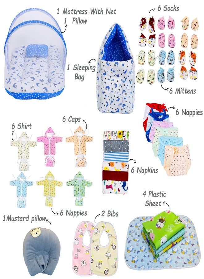 Infantbond by Fareto 52in1 Newborn Baby Essential Combo Set | Baby Bedding Set with Net, Hooded Rompers, Mittens, Booties, Nappies & More | Ideal Gift for Newborn Boys & Girls(0-6M) (Blue Moon) - Image 2