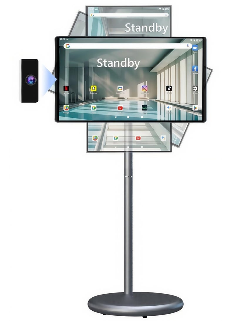 فلاشهوك تلفزيون ذكي محمول بشاشة لمس أرضية قابلة للتعديل، مقاس 21.5 بوصة | كاميرا مدمجة | ذاكرة وصول عشوائي (RAM) سعة 6 جيجابايت + سعة تخزين 128 جيجابايت، بطارية 6000 أمبير/ساعة، وقت تشغيل فيديو 8 ساعات، لون رمادي - Image 1