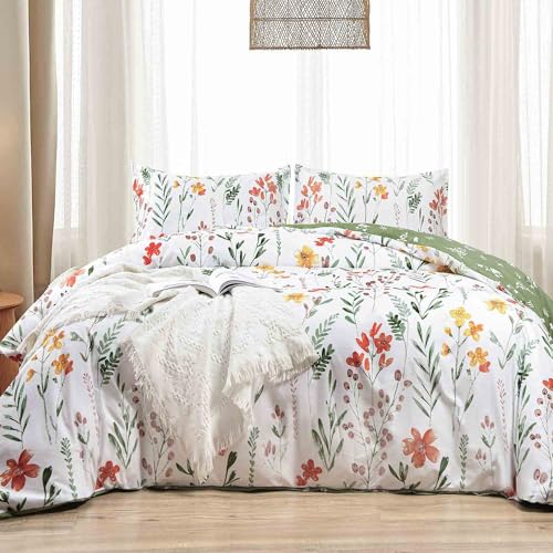 King Size Comforter Set White Yellow Floral Green Leaf Pattern Print Reversible Down Alternative Bed Sets 104 x 90 3PC Soft Microfiber Flower Duvet Vintage Farmhouse Bedding in a Bag for Women Men