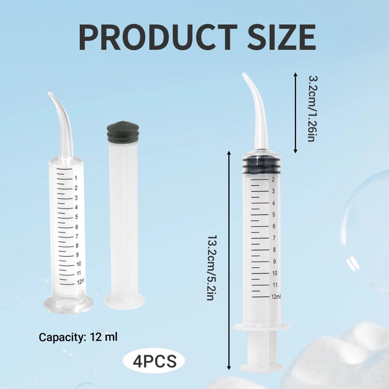 Noenaeni 4Pcs Dental Irrigation Syringe 12ml Plastic Dental Syringes with Curved Tips Accurate Volume Scale Oral Irrigator for Dental Cleaning for Oral Care Tonsil Stones Removal Lab Pet Feeding (Clear) - Image 2