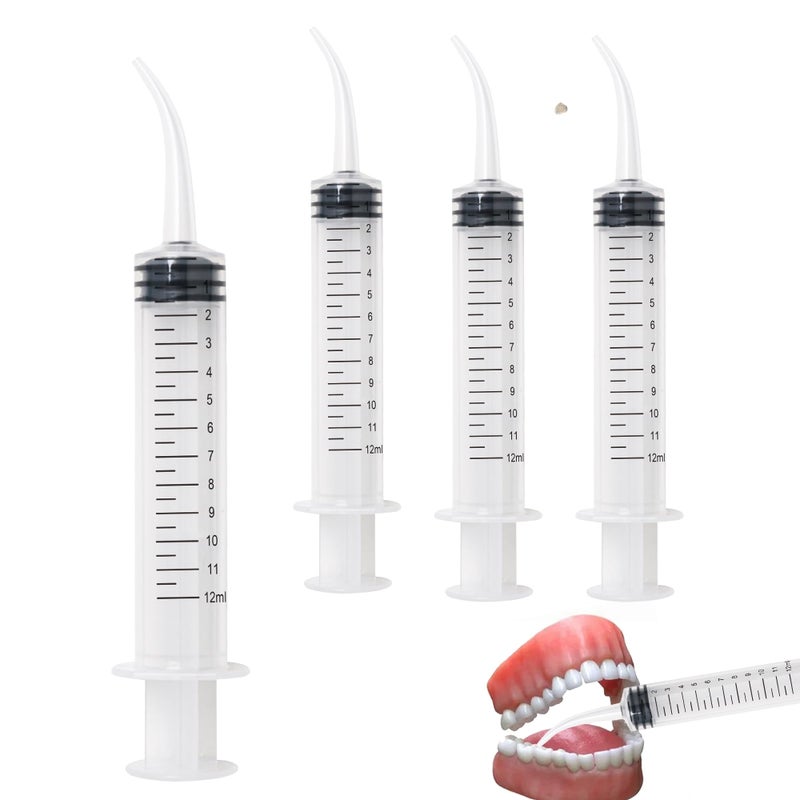 Noenaeni 4Pcs Dental Irrigation Syringe 12ml Plastic Dental Syringes with Curved Tips Accurate Volume Scale Oral Irrigator for Dental Cleaning for Oral Care Tonsil Stones Removal Lab Pet Feeding (Clear) - Image 1