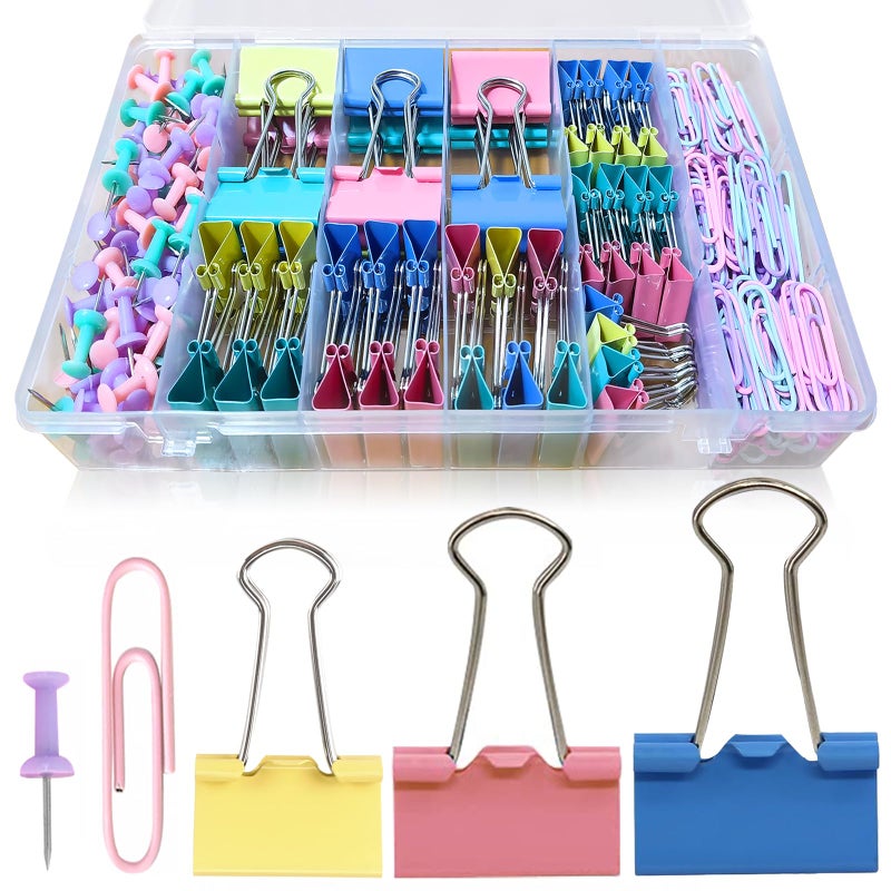 lyBlissor Paper Clips and Binder Clips Assorted Sizes, 240 PCS Colored Office Clips Set Large Medium Small Paper Clamps Paperclips Push Pin Thumb Tacks, College Supplies Home Office Supplies Document Organizing - Image 1