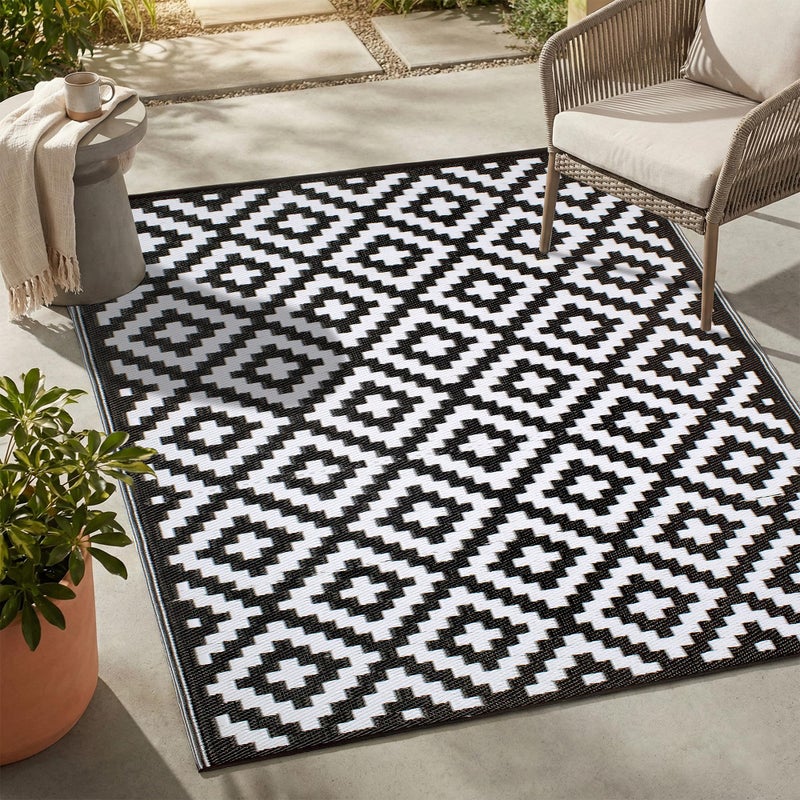 FH Home Outdoor Rug - Waterproof, Fade Resistant, Reversible - Premium Recycled Plastic - Geometric - Porch, Deck, Balcony, Mudroom, Laundry Room, Patio - Aztec - Black & White Crease Free - 3 x 5 ft - Image 1