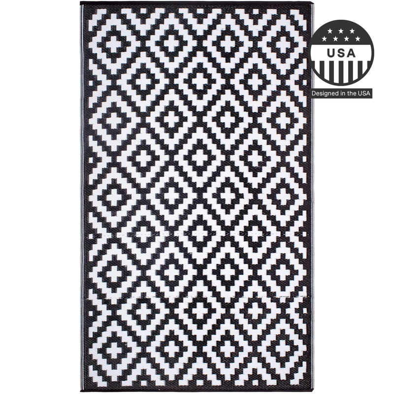 FH Home Outdoor Rug - Waterproof, Fade Resistant, Reversible - Premium Recycled Plastic - Geometric - Porch, Deck, Balcony, Mudroom, Laundry Room, Patio - Aztec - Black & White Crease Free - 3 x 5 ft - Image 3