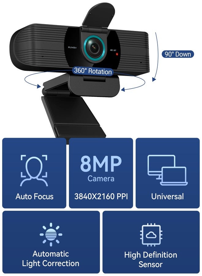 RUWBY Webcam with Built-in Microphone and Rotatable Tripod, Video and Wide Angle Camera, Privacy Cover (4K Webcam with USB Cable) - Image 2