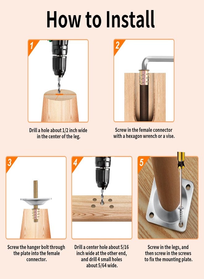 Ceryvop Leg Mounting Plates, 4 Sets Furniture Leg Attachment Plates, 5/16"(M8) Industrial Grade Flat Mounting T-Plates with Hanger Bolts, Screws, Strengthen Weak Furniture Repair Damaged Sofa Couch Seat - Image 4
