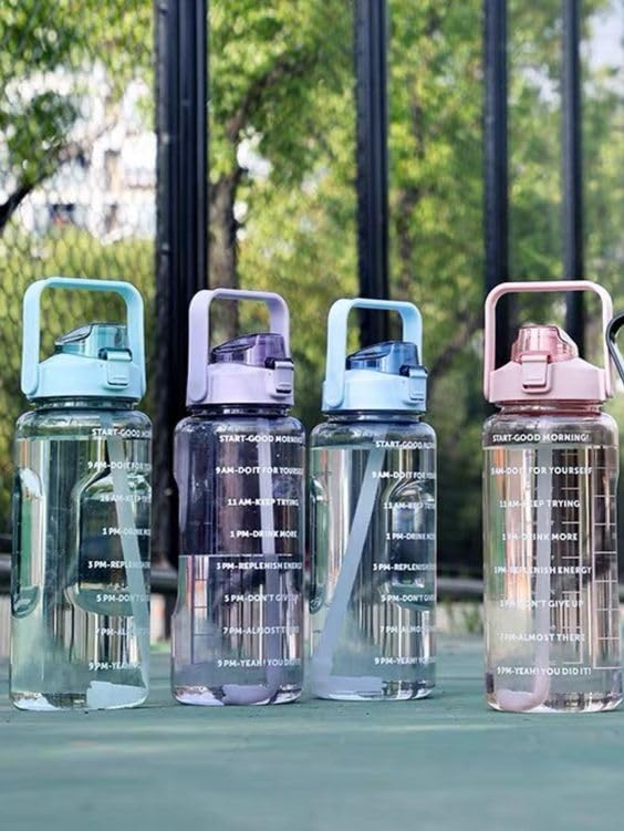 WEZOSHINET 2L Capacity Straw Transparent Motivational Water Bottle for Office School College Gym Time Marker Leak Proof Break Proof comes with Silicon Brush BPA Free Sports Bottle Multicolor - Image 3