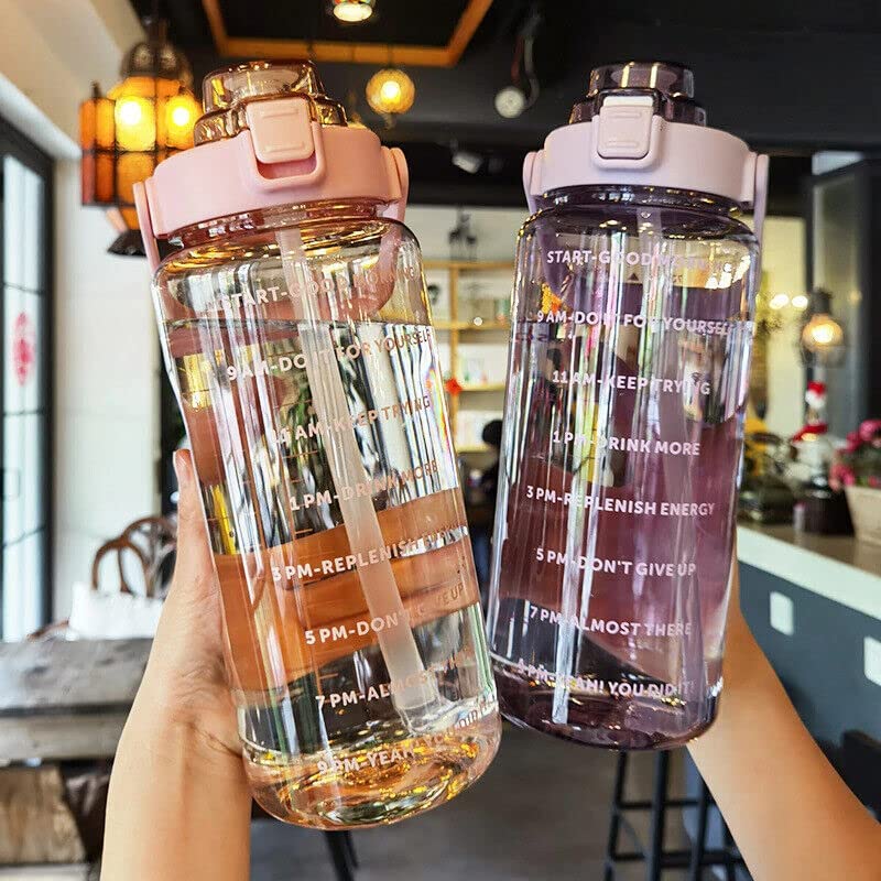 WEZOSHINET 2L Capacity Straw Transparent Motivational Water Bottle for Office School College Gym Time Marker Leak Proof Break Proof comes with Silicon Brush BPA Free Sports Bottle Multicolor - Image 4