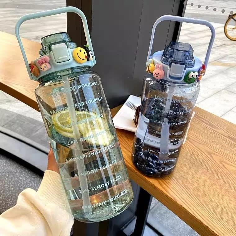 WEZOSHINET 2L Capacity Straw Transparent Motivational Water Bottle for Office School College Gym Time Marker Leak Proof Break Proof comes with Silicon Brush BPA Free Sports Bottle Multicolor - Image 1