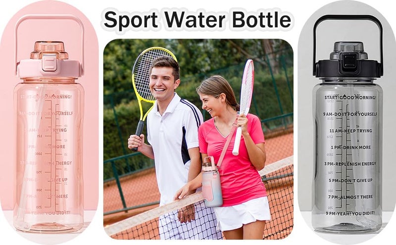 WEZOSHINET 2L Capacity Straw Transparent Motivational Water Bottle for Office School College Gym Time Marker Leak Proof Break Proof comes with Silicon Brush BPA Free Sports Bottle Multicolor - Image 2