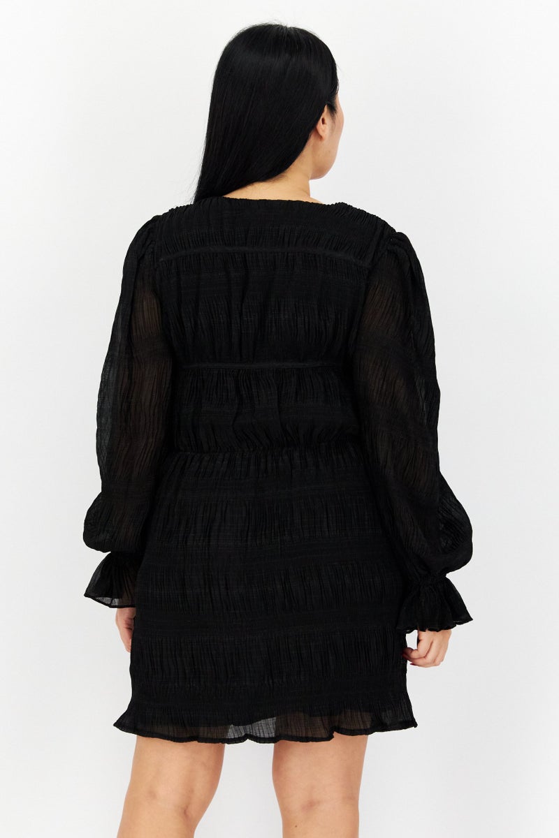 NA-KD Women Long Sleeves Pleated Casual Mini Dress, Black - Image 4