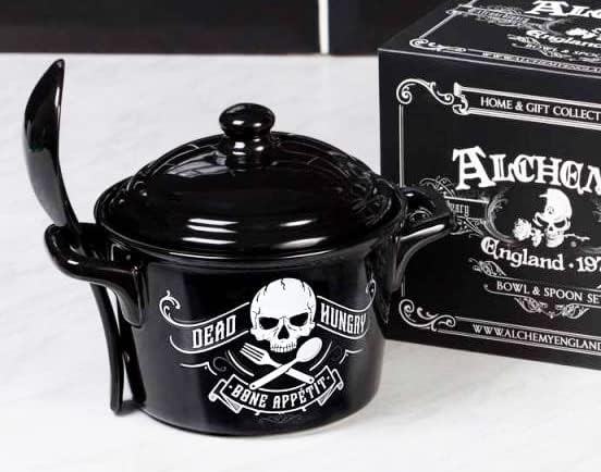 Ebros Gift Macabre Wicca Alchemy Witches And Magic Black Porcelain Crock Pot Shaped Bowl With Spoon And Lid Cereal Soup Serving Mugs Bowls Occult Witchcraft Dead Hungry Skull Bone Appetit - Image 2