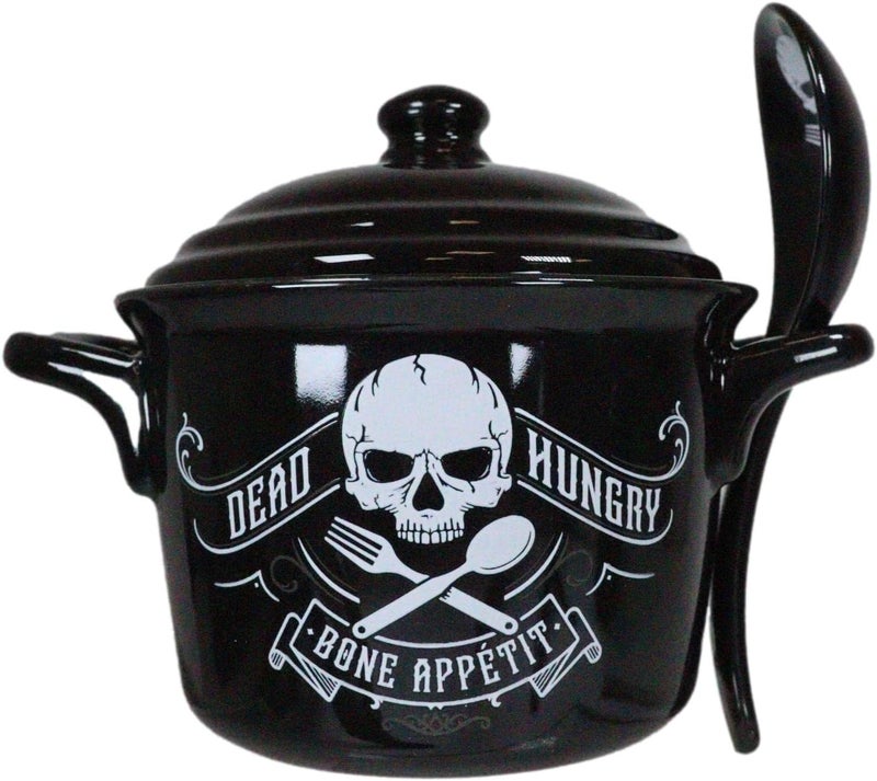 Ebros Gift Macabre Wicca Alchemy Witches And Magic Black Porcelain Crock Pot Shaped Bowl With Spoon And Lid Cereal Soup Serving Mugs Bowls Occult Witchcraft Dead Hungry Skull Bone Appetit - Image 1