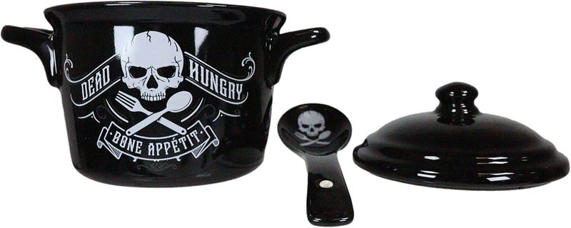 Ebros Gift Macabre Wicca Alchemy Witches And Magic Black Porcelain Crock Pot Shaped Bowl With Spoon And Lid Cereal Soup Serving Mugs Bowls Occult Witchcraft Dead Hungry Skull Bone Appetit - Image 3