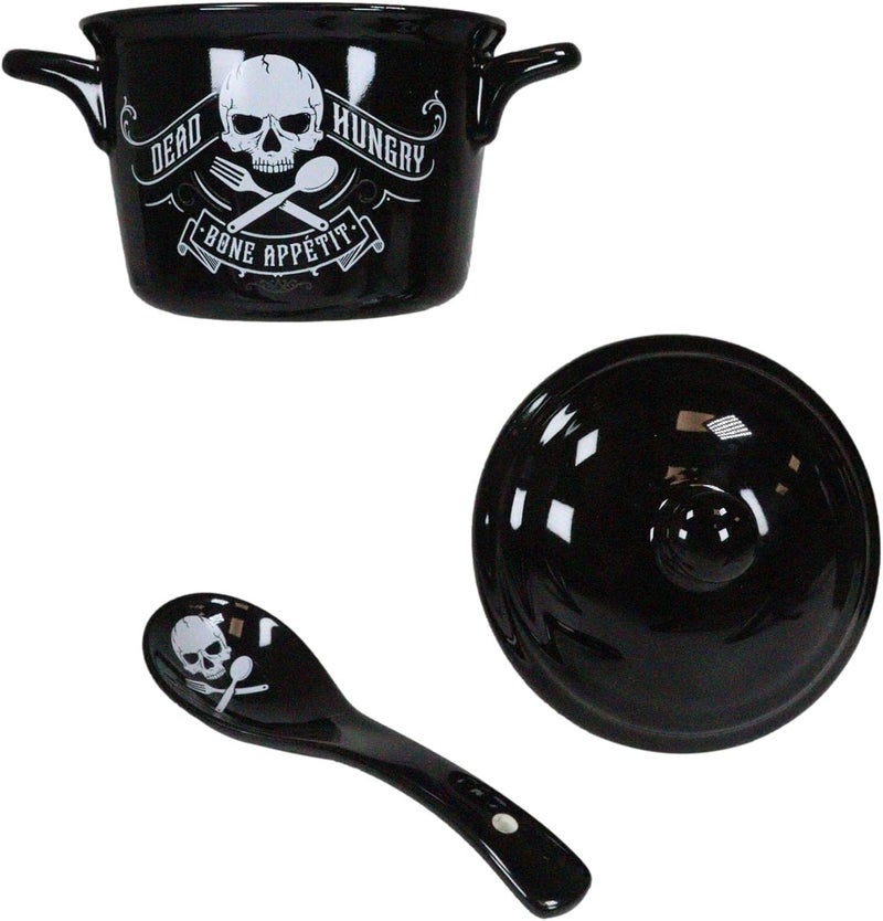 Ebros Gift Macabre Wicca Alchemy Witches And Magic Black Porcelain Crock Pot Shaped Bowl With Spoon And Lid Cereal Soup Serving Mugs Bowls Occult Witchcraft Dead Hungry Skull Bone Appetit - Image 5