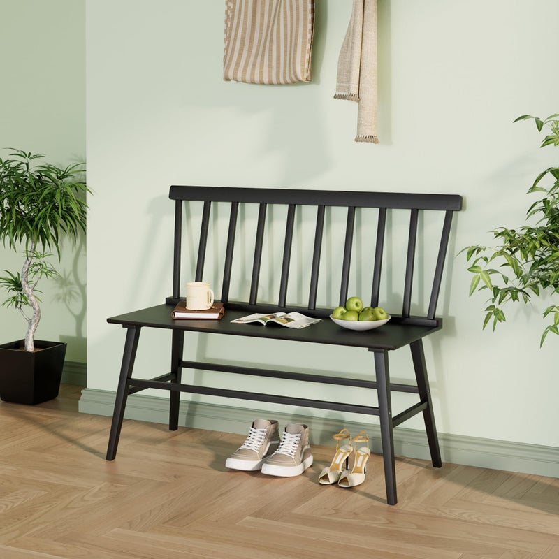 APRTAT Bamboo Entryway Bench, Farmhouse Dining Bench with Spindle Back 3 Person Indoor Bench Chair Wood Windsor Bench Durable Easy Assembly for Foyer Balcony Hallway Living Room (Black) - Image 1