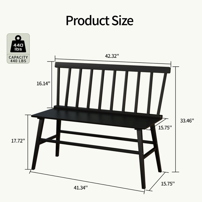 APRTAT Bamboo Entryway Bench, Farmhouse Dining Bench with Spindle Back 3 Person Indoor Bench Chair Wood Windsor Bench Durable Easy Assembly for Foyer Balcony Hallway Living Room (Black) - Image 2