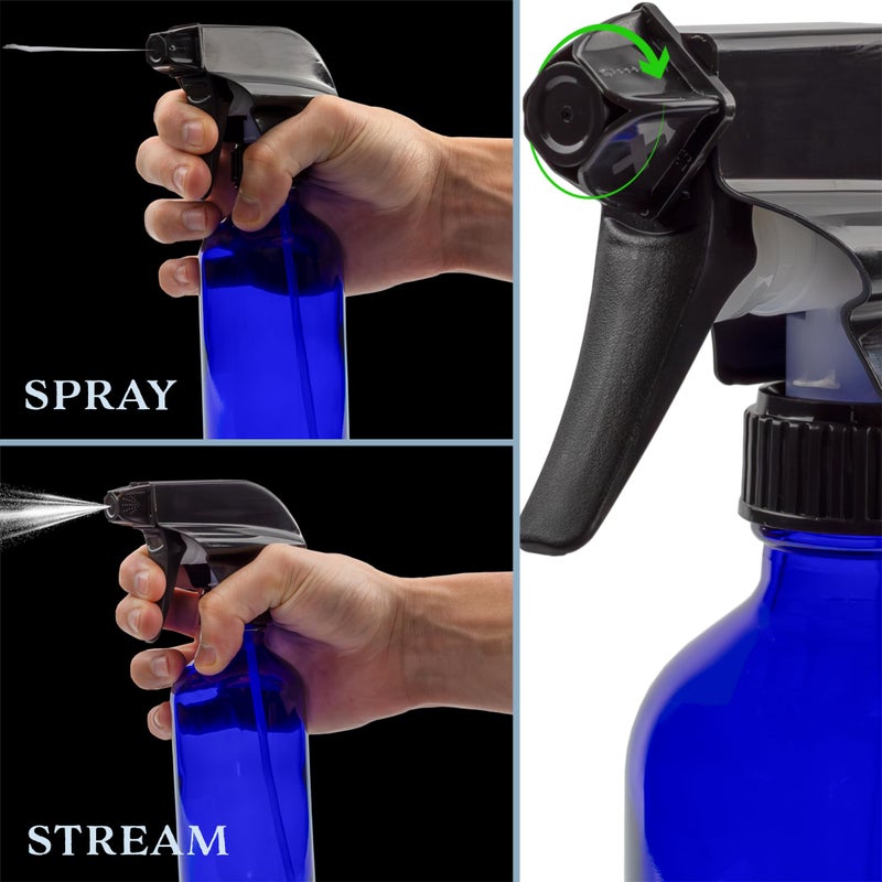 Cornucopia Brands 8-Ounce Cobalt Blue Glass Boston Round Spray Bottles (2 Pack) 3-Setting Heavy Duty Sprayers, Empty Refillable Bottle - Image 4