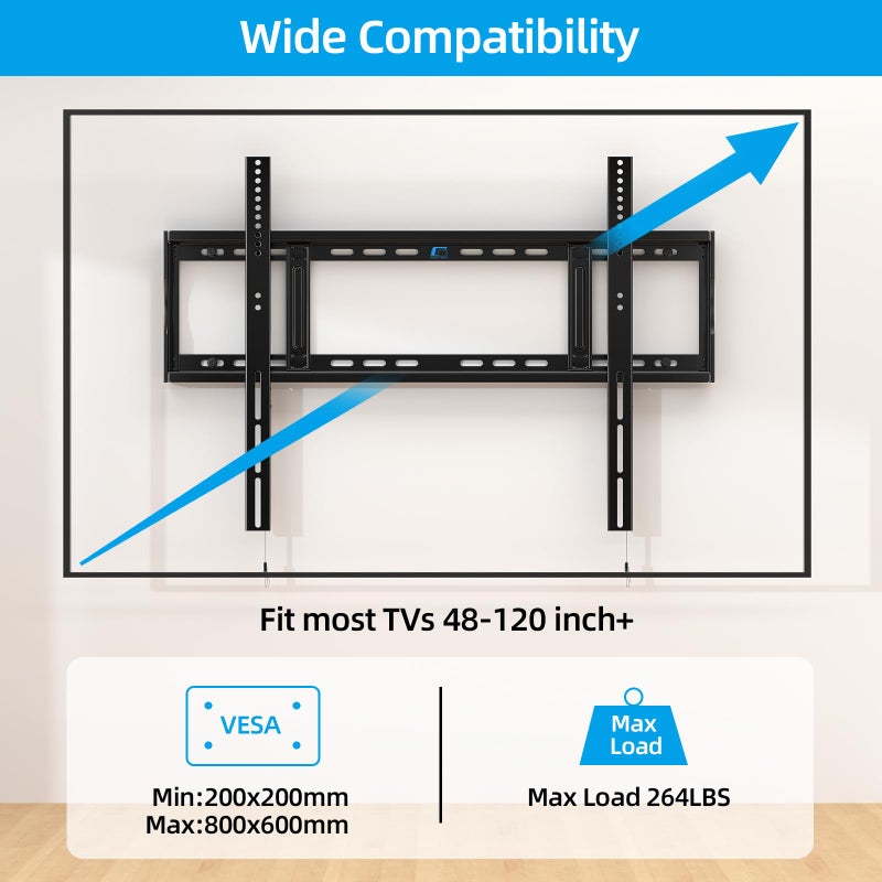 HOME VISION Heavy Duty Fixed TV Wall Mount Bracket for 48-120 Inch Extra Large Flat Screen Smart TVs, 264 Lbs Capacity, Max VESA 800x600 mm, Stud Spacing 12"-28", Low-Profile Flush Slim Design, HV8801 - Image 2