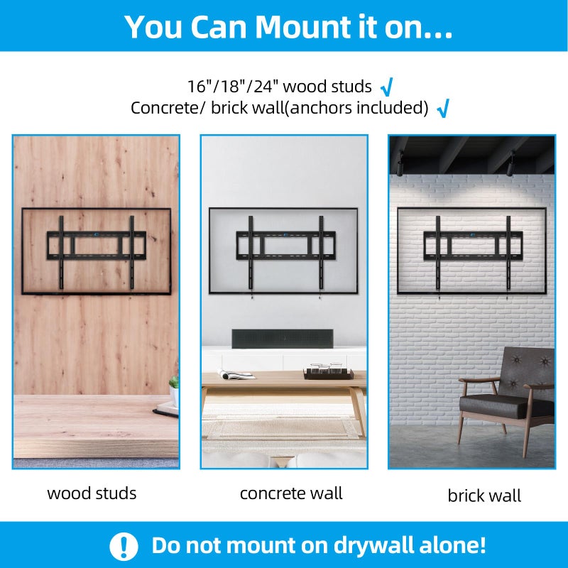 HOME VISION Heavy Duty Fixed TV Wall Mount Bracket for 48-120 Inch Extra Large Flat Screen Smart TVs, 264 Lbs Capacity, Max VESA 800x600 mm, Stud Spacing 12"-28", Low-Profile Flush Slim Design, HV8801 - Image 5