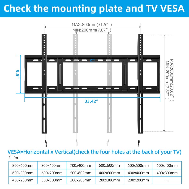 HOME VISION Heavy Duty Fixed TV Wall Mount Bracket for 48-120 Inch Extra Large Flat Screen Smart TVs, 264 Lbs Capacity, Max VESA 800x600 mm, Stud Spacing 12"-28", Low-Profile Flush Slim Design, HV8801 - Image 4