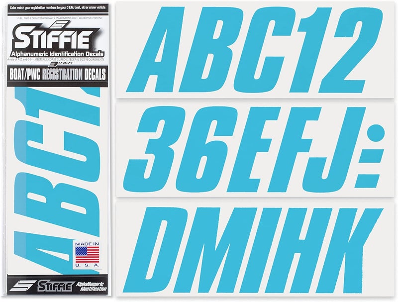 Stiffie Shift Sky Blue 3" ID Kit Alpha-Numeric Registration Identification Numbers Stickers Decals for Boats & Personal Watercraft - Image 1