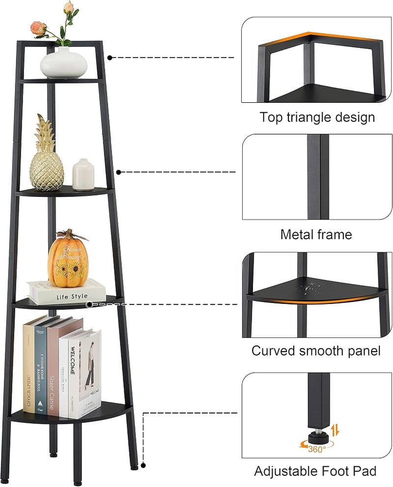 Hoctieon Corner Shelf, 4-Tier Corner Bookshelf, Rustic Ladder Shelf, Industrial Display Stand for Living Room, Kitchen, Home Office, Balcony, Small Space, Metal Frame, Black - Image 3