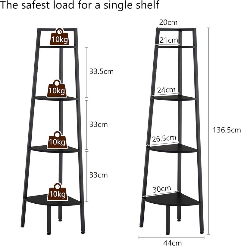 Hoctieon Corner Shelf, 4-Tier Corner Bookshelf, Rustic Ladder Shelf, Industrial Display Stand for Living Room, Kitchen, Home Office, Balcony, Small Space, Metal Frame, Black - Image 2