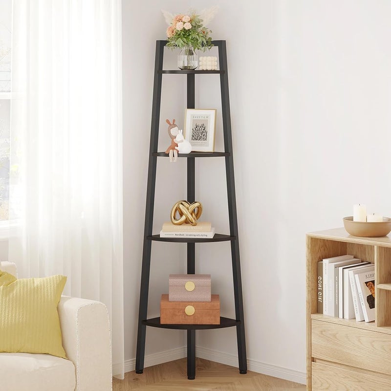 Hoctieon Corner Shelf, 4-Tier Corner Bookshelf, Rustic Ladder Shelf, Industrial Display Stand for Living Room, Kitchen, Home Office, Balcony, Small Space, Metal Frame, Black - Image 1