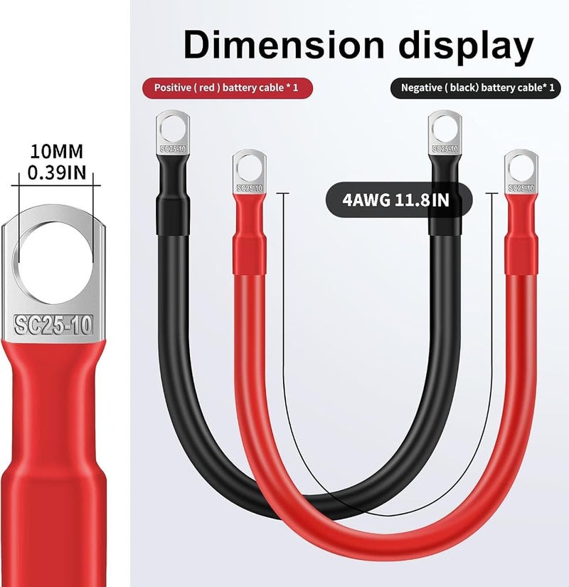 Odluzy 4AWG 11.8-Inches Battery Cables Set, (1 Positive & 1 Negtive) with 3/8" M10 Lug Terminals, Ground Cable for Motorcycle, Car, Truck, Rv, Boat, 2 Pcs - Image 2