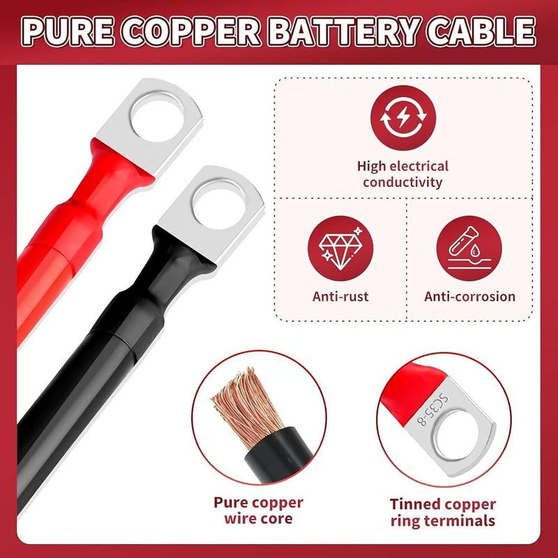 Odluzy 4AWG 11.8-Inches Battery Cables Set, (1 Positive & 1 Negtive) with 3/8" M10 Lug Terminals, Ground Cable for Motorcycle, Car, Truck, Rv, Boat, 2 Pcs - Image 3