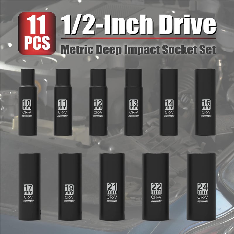 EPAuto 1/2-Inch Drive Metric Deep Impact Socket Set, Cr-V, 6 Points, 11 Sockets - Image 3