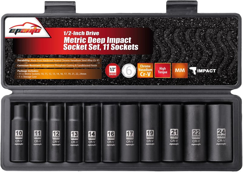 EPAuto 1/2-Inch Drive Metric Deep Impact Socket Set, Cr-V, 6 Points, 11 Sockets - Image 1