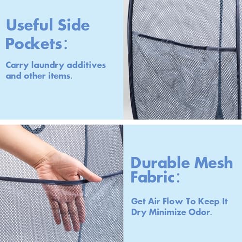 DUCOO Pop Up Laundry Hamper, 70L Collapsible Mesh Laundry Basket with Side Pocket, Foldable Dirty Clothes Hamper with Sturdy Reinforced Handles for Home Dorm Bedroom Travel Storage, Blue, 2Pack - Image 3