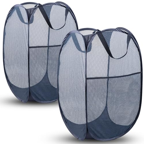 DUCOO Pop Up Laundry Hamper, 70L Collapsible Mesh Laundry Basket with Side Pocket, Foldable Dirty Clothes Hamper with Sturdy Reinforced Handles for Home Dorm Bedroom Travel Storage, Blue, 2Pack - Image 1