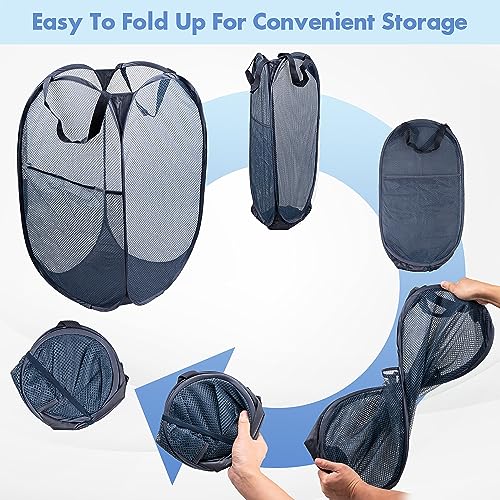 DUCOO Pop Up Laundry Hamper, 70L Collapsible Mesh Laundry Basket with Side Pocket, Foldable Dirty Clothes Hamper with Sturdy Reinforced Handles for Home Dorm Bedroom Travel Storage, Blue, 2Pack - Image 5