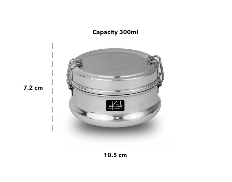 inKitch Steel Tiffin Box for Office Lunch Box for Office Women and Men Tiffin with Steel Separator Plate and Locking Clip Durable Lunch Container 105 cm Dia 300ml Silver - Image 2
