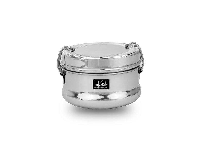 inKitch Steel Tiffin Box for Office Lunch Box for Office Women and Men Tiffin with Steel Separator Plate and Locking Clip Durable Lunch Container 105 cm Dia 300ml Silver - Image 1